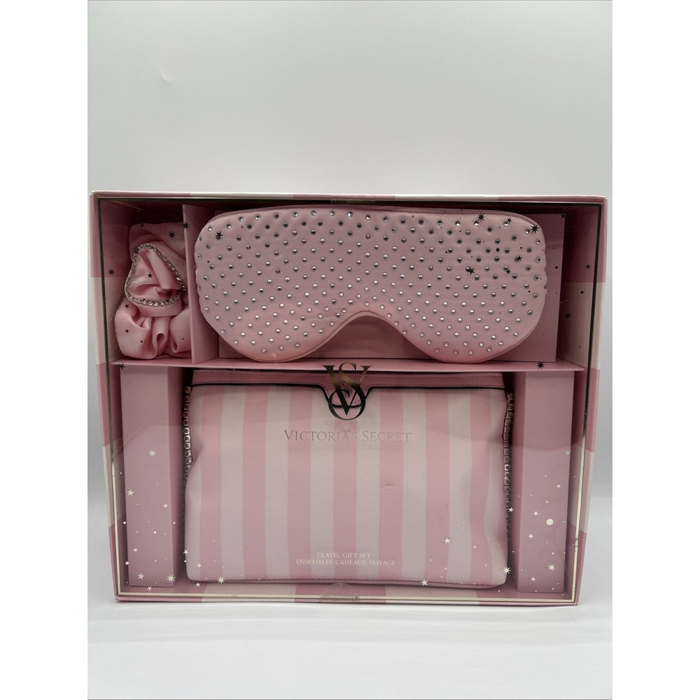 Victoria's Secret Iconic Pink Stripe Travel Set Rhinestone Eye Mask Scrunchie